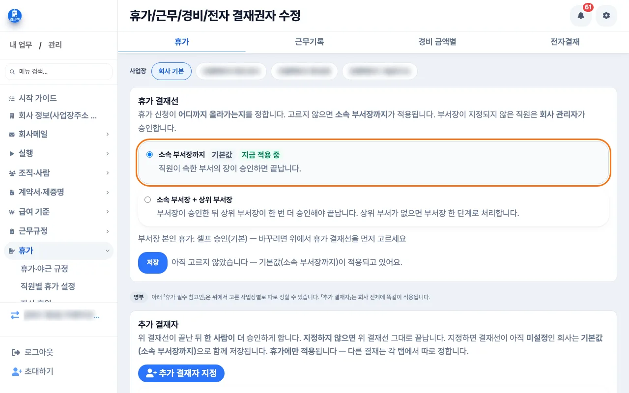 원장이 휴가 결재선을 소속 부서장까지로 저장하고 부서장 본인 휴가의 승인자를 고르는 PC 화면