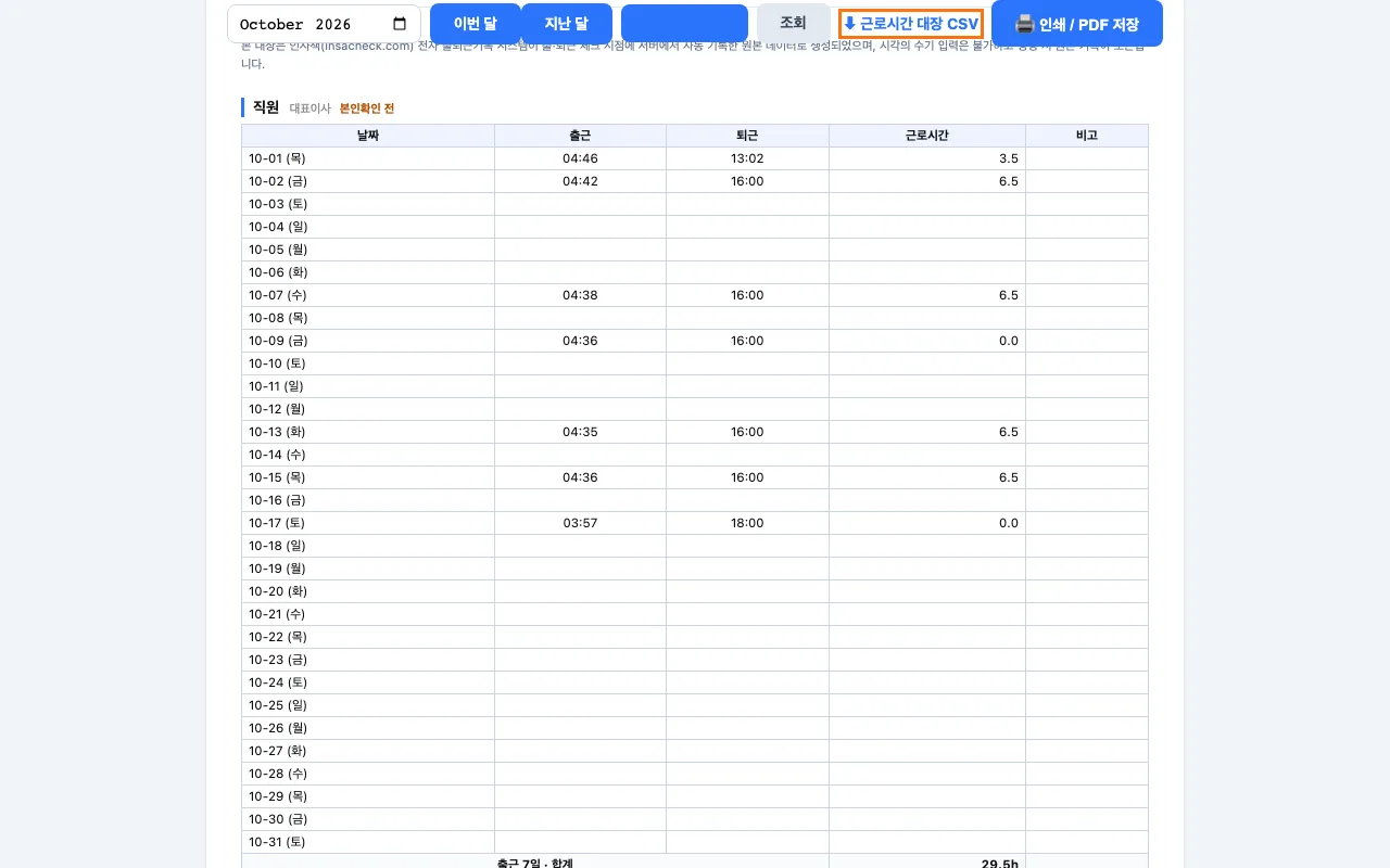 원장이 「근로시간 대장 (출근부)」 화면에서 월을 고르고 「⬇ 근로시간 대장 CSV」로 내려받는 화면