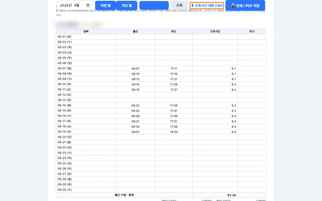근로시간 대장 출근부 화면에서 직원별 출근과 퇴근 시각이 날짜순으로 보이는 모습