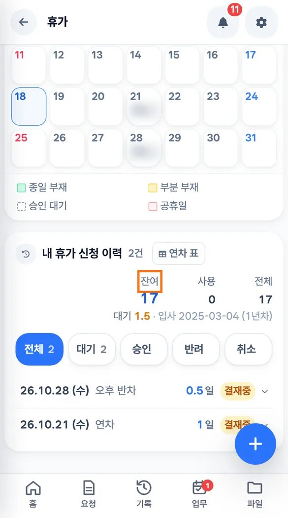 직원 앱 휴가 화면에서 잔여, 사용, 전체 연차 숫자가 보이는 모습