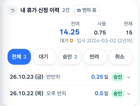 연차 내역: 사용 0.75일, 잔여 14.25일