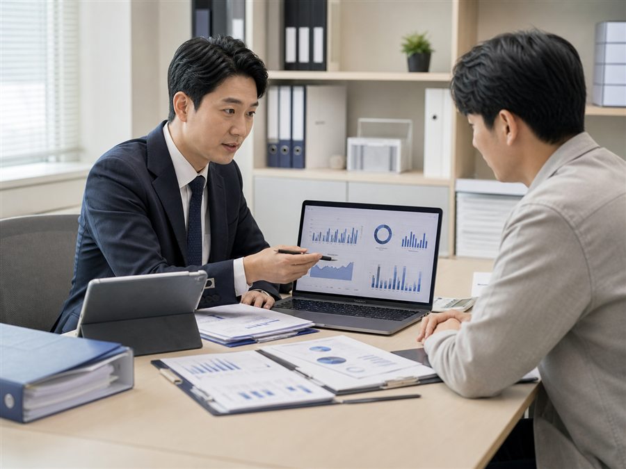 한국 노무사 또는 세무사가 고객사의 HR 데이터를 노트북으로 검토하는 장면