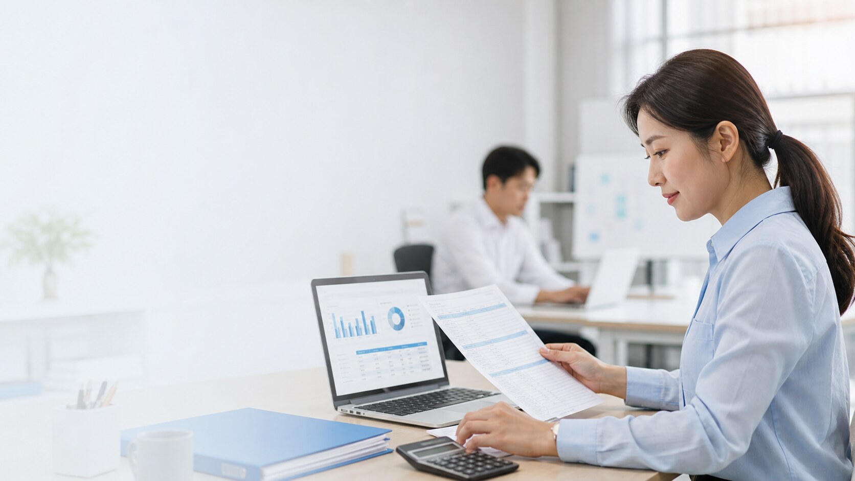 노트북에서 급여와 가산수당 자료를 확인하는 인사담당자